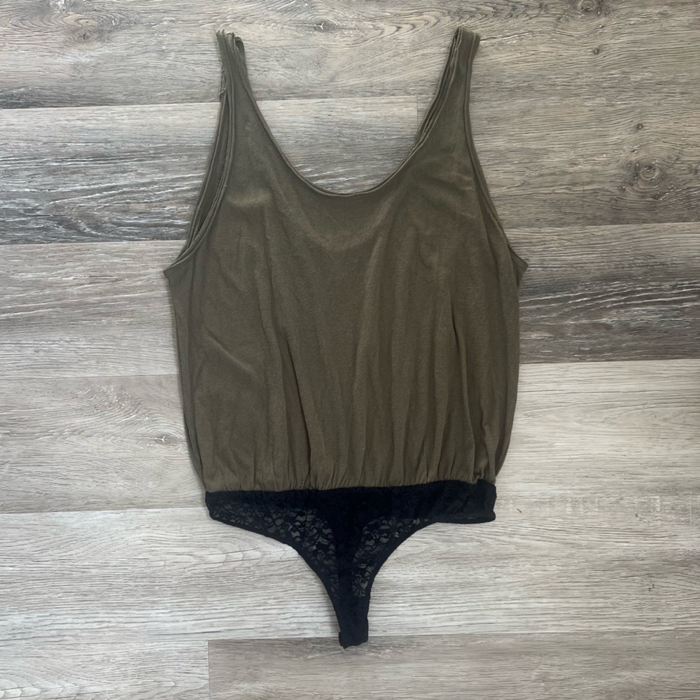 Free People Intimates Olive Green Bodysuit with Black Lace Detail